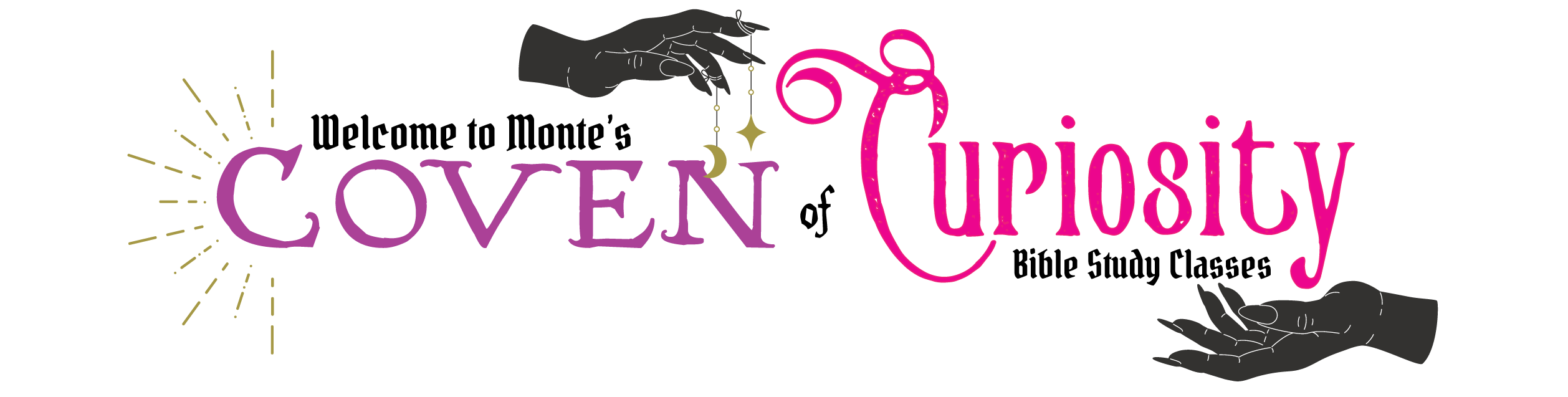An extended banner with all the components of the Coven of Curiosity logo. 