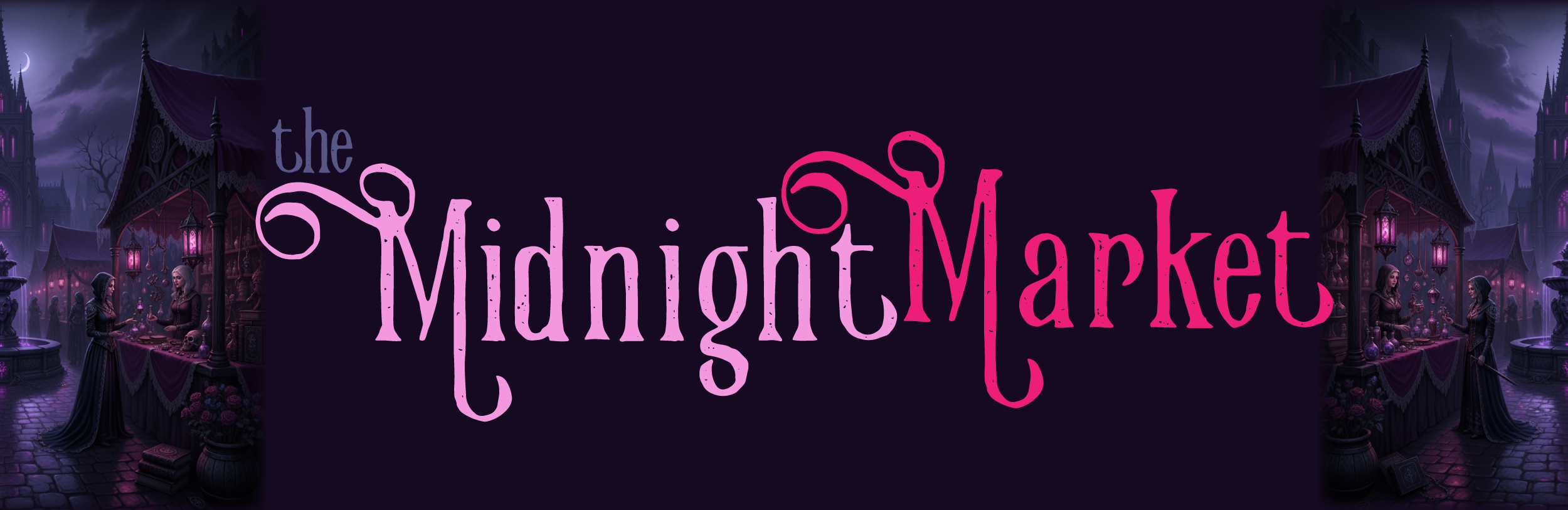 The Midnight Market header, dark purple background with images on each end of a market. 