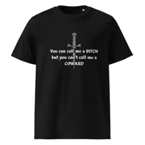 black T-shirt with Monte saying on the front and a knife.