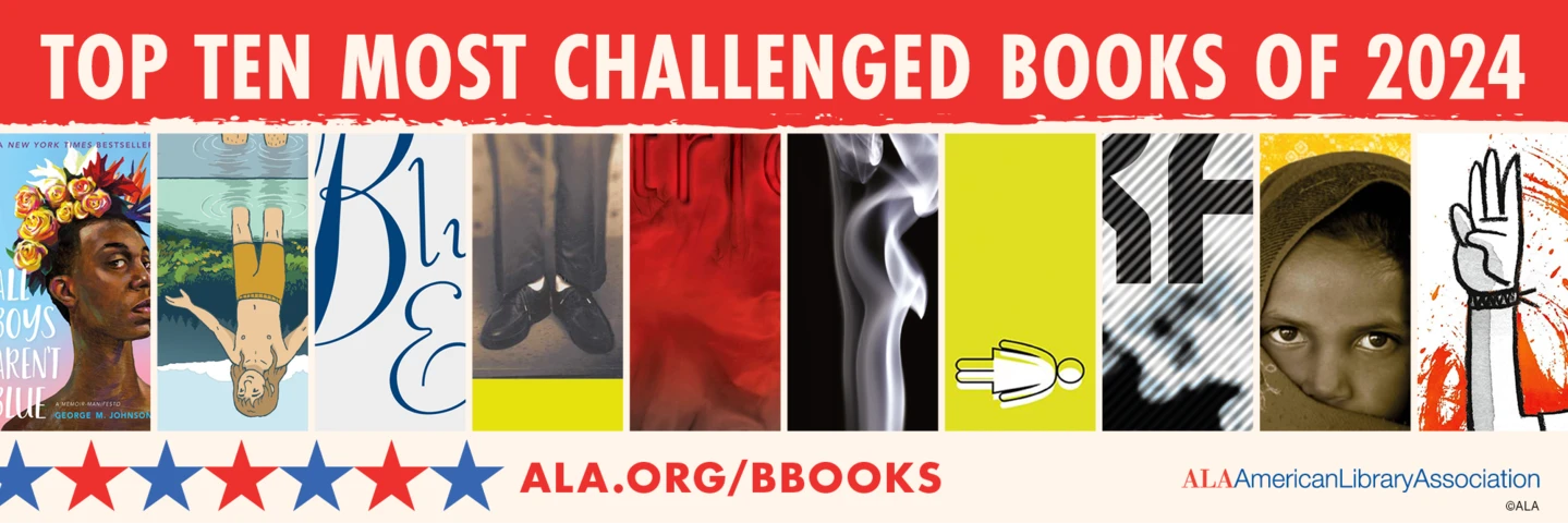 Banned Book Week Banner, top 10 most banned books in 2024. 