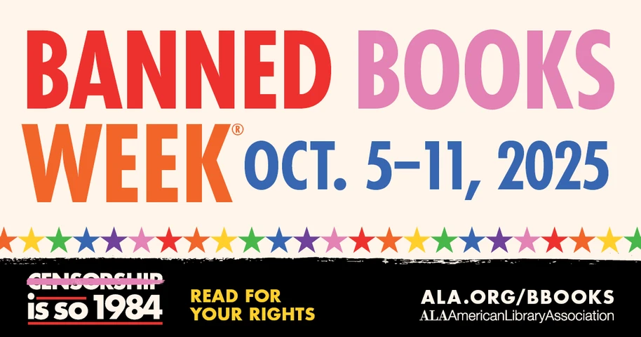 Rainbow Banned Book Week banner.