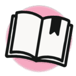 Book icon with a bookmark and pink circle background.