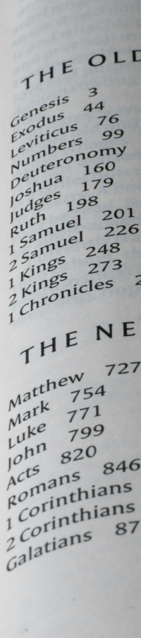 Vertical image of a Bible's Table of Contents. 