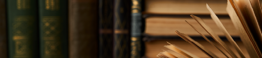 Narrow image of stacks of books. 