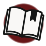 Black and white book icon on red circle.