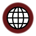 Black and white globe with lines on it for the internet, on a read circle.