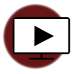 Black and white YouTube icon on red circle. 