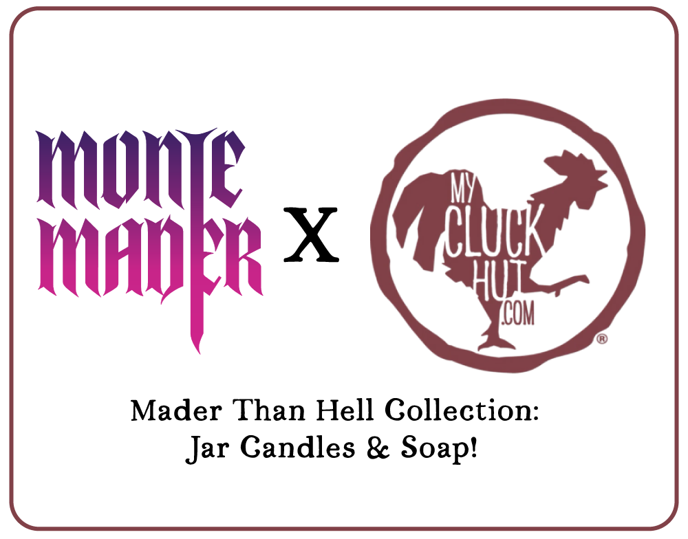 Monte Mader x CluckHut collab button. 