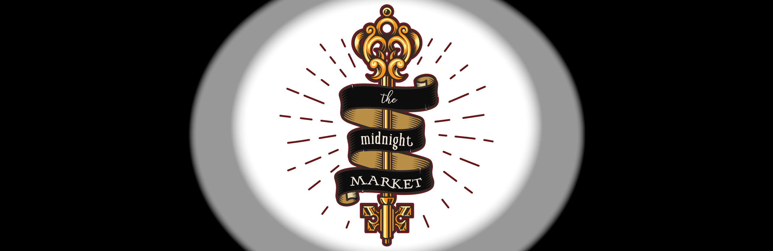 Black background header with key and ribbon for The Midnight Market.
