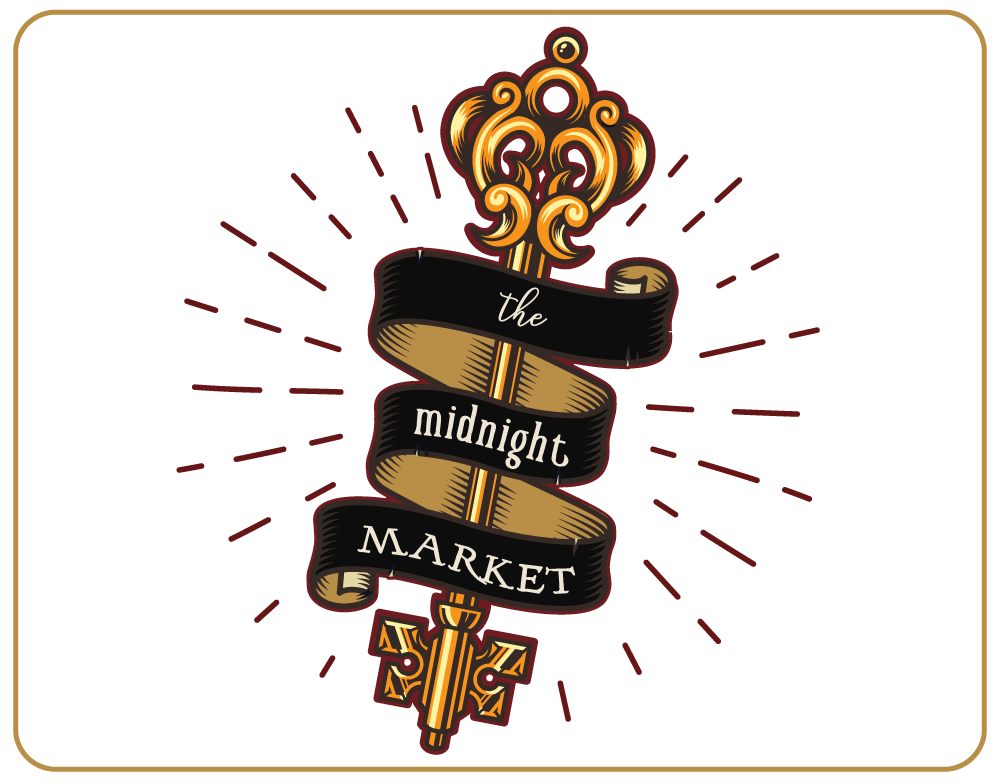 Key with ribbon wrapping around that says The Midnight Market. 